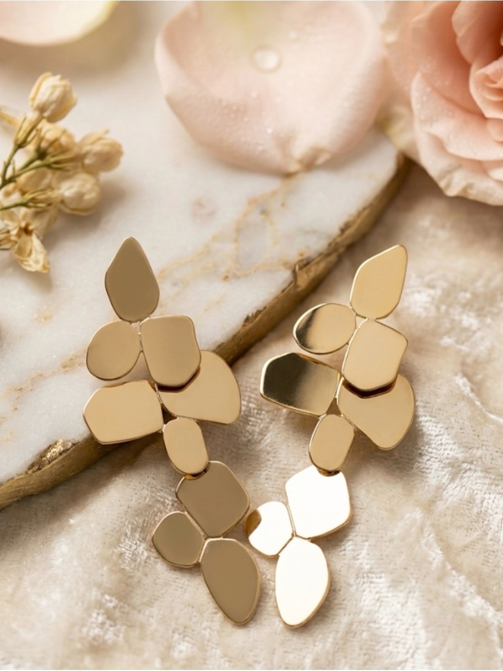 Gold Petal Statement Drop Earrings — Botanical Chandelier Style - Picture 2 of 5